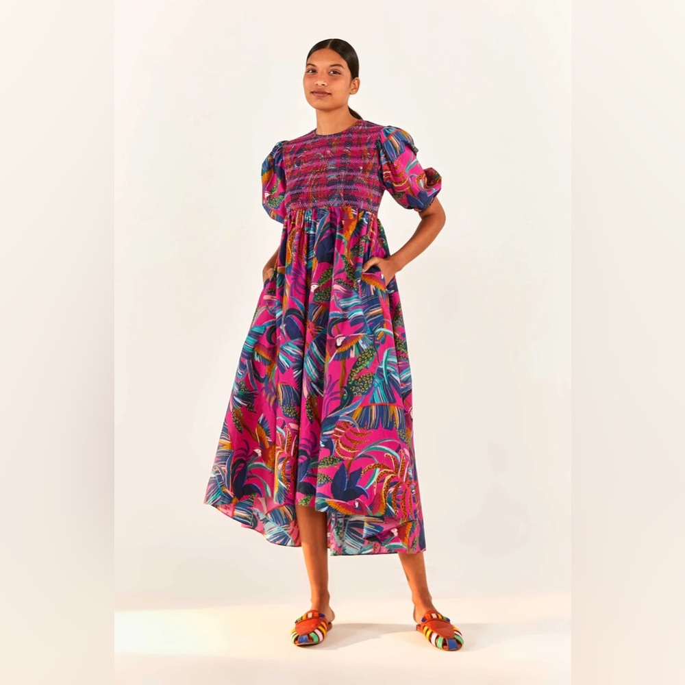 Farm Rio Rainbow Macaw Midi Dress. EUC.